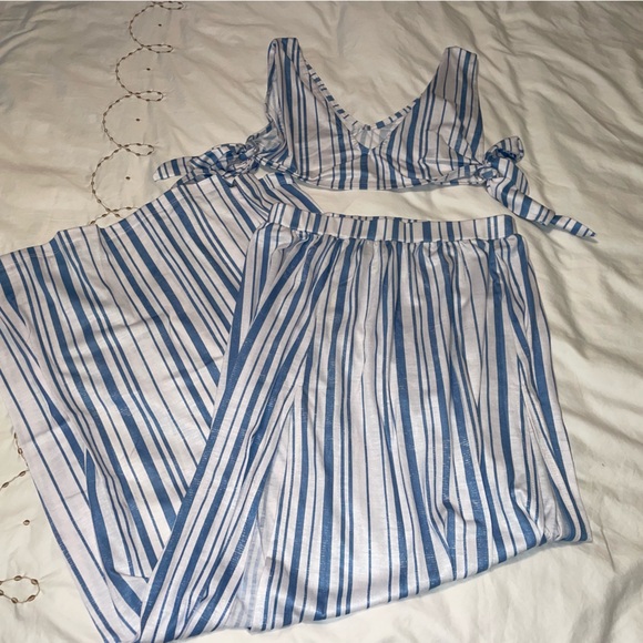 NWT ASOS Maxi Slit  Skirt with side tie crop top set blue and white stipe Small - Picture 7 of 11